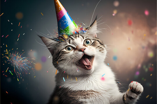 smiling cat with a party hat celebrating at festival event, party time, Portrait, new year eve, funny times,  illustration digital generative ai design art style