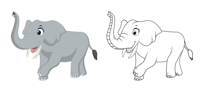 Happy cartoon elephant with line art, elephant sketch color less page isolated on white background.