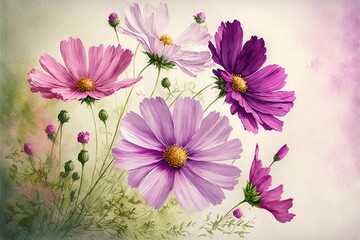 a painting of purple and pink flowers on a white background with a green stem and yellow center and a yellow center. generative ai