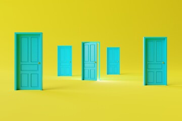 Lots of closed doors and one open. The concept of making decisions, entering new places, crossing borders. 3d render, 3d illustration
