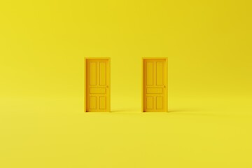 Two closed doors on the background. The concept of making decisions, entering new places, crossing borders. 3d render, 3d illustration
