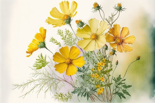a painting of yellow flowers and green leaves on a white background with a green border around the edges of the image.