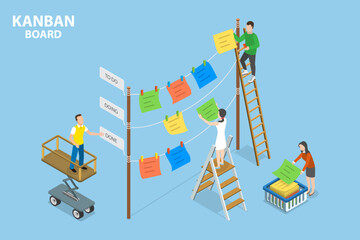 3D Isometric Flat Vector Conceptual Illustration of Kanban Board, Project Workflow and Management