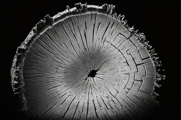 a black and white photo of a tree stump with a circular hole in the center of it's wood.