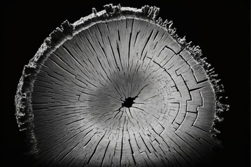Obraz premium a black and white photo of a tree stump with a circular hole in the center of it's wood.