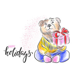 Cute little bear in watercolor with a gift, vector illustration, happy holidays