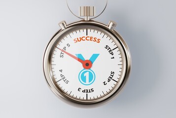 Stopwatch with the end of the time with the inscription Success. The concept of achieving success, fighting and striving to achieve success in life. 3D render, 3D illustration.