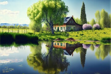 Obraz premium a painting of a house on a hill by a lake with a reflection of it in the water and a green field.