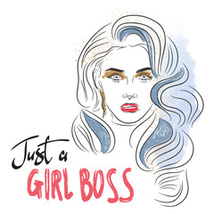 Just a boss girl, handwritten quote, portrait of a beautiful girl watercolor