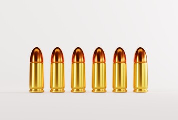 Various bullets in a row set for pistol, rifles. The concept of shooting, using firearms. 3D render, 3D illustration.