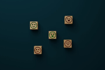 Wooden blocks with icons of faces from happy to sad, picks up a disc with an icon. The concept of evaluating, indicating the degree of satisfaction with the transaction. 3D render, 3D illustration.