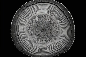a tree stump with a circular pattern on it's surface in black and white.