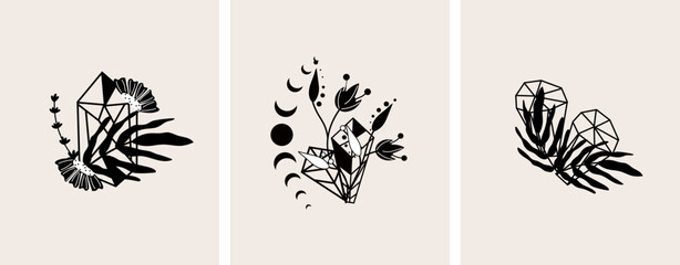 Minimal mystical compositions with crystals and leaves, magical flowers and the moon on a beige background. Black and white Mystical, esoteric posters suitable for posters, flyers, banners. Vector.
