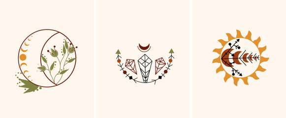 Minimal mystical compositions with crystals, magical flowers on the moon, sun on a beige background. Mystical, esoteric posters suitable for posters, flyers, banners. Vector illustration