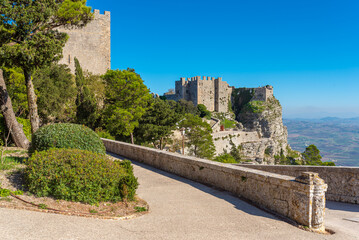 The Castle of Venere, a 12th century Norman castle on a steep cliff in the southeast of the summit of Mount Erice in the same named town. The castle is built on the ruins of a Phoenician-Roman temple - obrazy, fototapety, plakaty