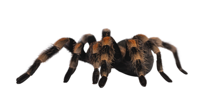 Side view of moving Mexican Redknee tarantula aka Brachypelma hamorii. Isolated cutout on transparent background.