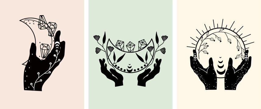 Black and white mystical compositions with a hand holding the celestial moon, flowers and leaves. Mystical, magical witchcraft symbol. Boho moon is suitable for banners, posters, postcards.