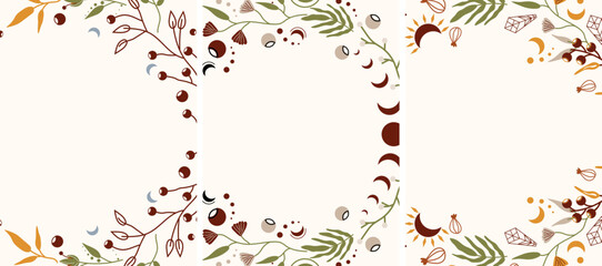 Boho posters with mystical flowers, celestial moon, colored leaves. Mystical, esoteric posters. Magical floral frame Perfect for greeting cards, poster, postcard, banner. Vector illustration