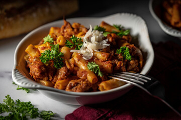Baked ziti pasta with Italian sausage and marinara sauce. Garnished with parsley and shaved parmesan cheese.