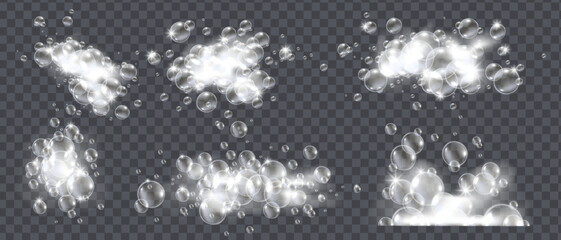 Soap foam bubbles, white bath cloud set, 3D vector isolated shampoo suds, realistic laundry texture. Shower cream, cosmetic froth collection detergent on transparent background. Soap foam illustration