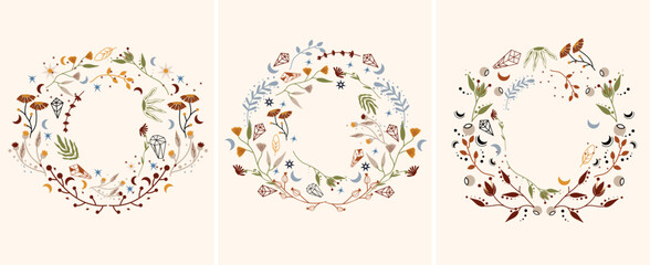 Boho wreath with mystical flowers, celestial moon, colored leaves. Mystical, esoteric posters. Magical floral frame Perfect for greeting cards, poster, postcard, banner. Vector illustration