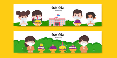 Fototapeta premium Group of Thai student and Thai teacher Wai Kru ceremony with namaste character pose. Bangkok Thailand cartoon teacher in uniform people.