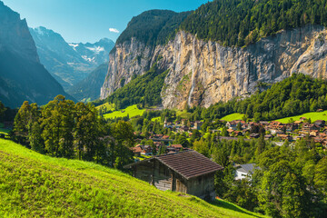 Famous Lauterbrunnen valley with beautiful waterfalls and nature attractions, Switzerland
