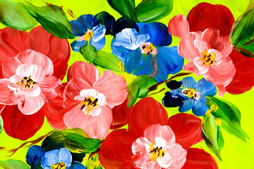 Abstract colorful flowers on a bright background. Painting with paints, impressionistic style, flower painting, acrylic, gouache. strokes of paint. for design or print.