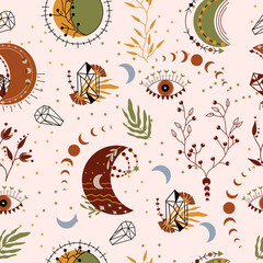 Seamless pattern with celestial moon, crystals, mystical eye, colorful flowers and leaves. Fashionable patterns can be used as textile, fabric, wallpaper, banner, etc. Vector.