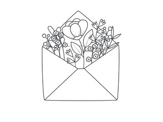 Mail envelope wis a fantasy flowers. Romantic spring message. Vector illustration isolated on a white background - obrazy, fototapety, plakaty