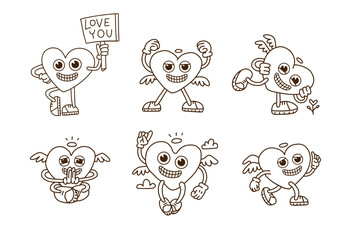 Set of weird Valentine day hearts mascot characters. Different retro vintage crazy face expressions. Trendy old cartoon comics groovy heart. Contour drawing doodle style. Vector linear illustration