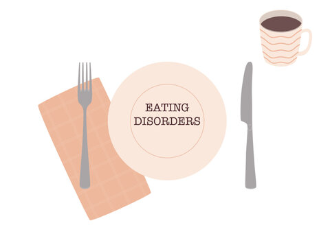 The text Eating Disorder on the plate. Plate, fork, knife and napkin on a table