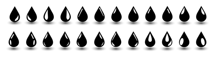 A set of black and white drop icons with a shadow, vector drawing.