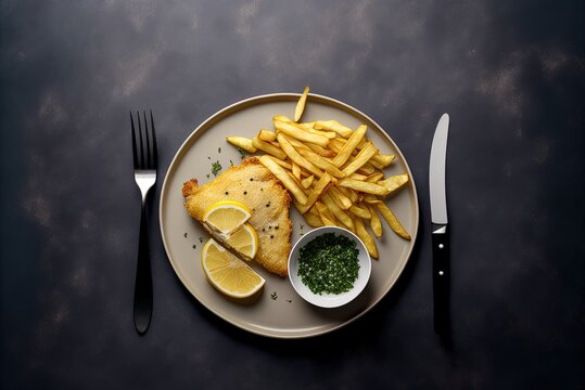 Fish And Chips, Lemon Wedge, And Text Space, Top View On Plate. Generative AI