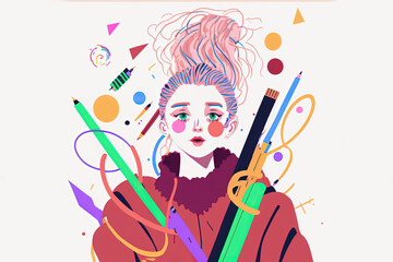 Female illustrator madness, flat vector style, CMYK pastel colors, illustration made with Generative AI
