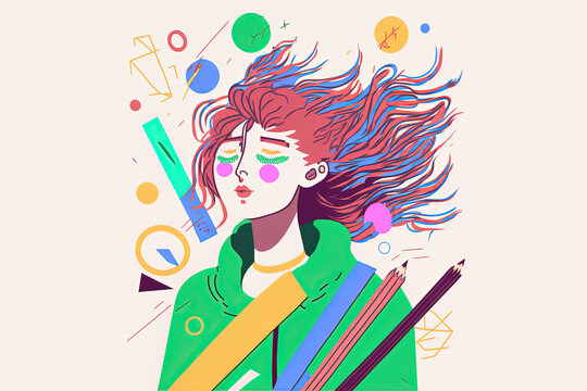 Female illustrator madness, flat vector style, CMYK pastel colors, illustration made with Generative AI
