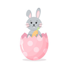 Cute Easter bunny or rabbit with egg and carrot elements, vector illustration