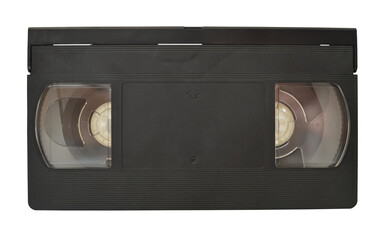 Obraz premium Old magnetic film video cassette with dust particles isolated on white background. Front view