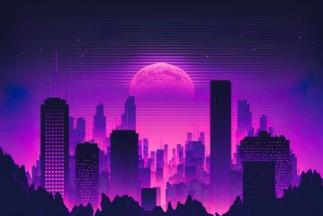 Obraz na płótnie Canvas Sunset over a cityscape lit by a purple neon vaporwave or retrowave aesthetic sun, complete with silhouetted buildings. view of the city at night. Having a classic look. Generative AI