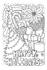 Happy holidays hand drawn anti stress colouring page for adult and kids. Winter holiday themed coloring book page with cozy Christmas objects for mental health relaxation
