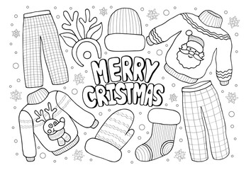 Merry Christmas clothes coloring page anti stress for kids and adult, cozy winter holidays colouring sheet vector illustration