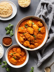 butter chicken with rice on table