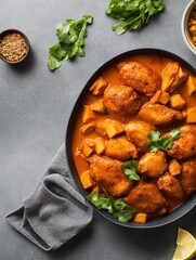 butter chicken with rice on table