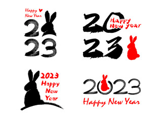 Set of 2023 Happy New Year typography design. 2023 number and rabbit design template. Collection of 2023 Happy New Year symbols. Vector illustration with labels isolated on white background.