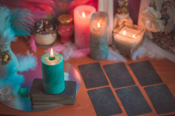 Positive energy and clean home space. Concept of esotericism, magic candles, Reiki or another mental remove negative energy program. Meditation details