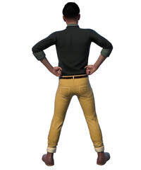 A cutout of a man dressed in a casual teeshirt holding out his hand as if pressing a button on a touch screen with his finger. A design element for use with composite image creation