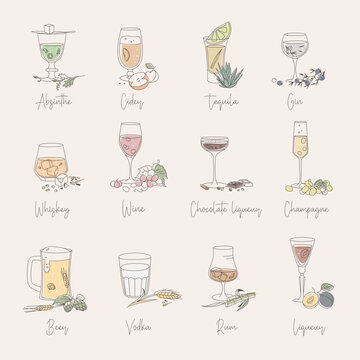 Icons set of various alcohol types with components in different glasses.  Glassware collection in flat outline style vector illustration.