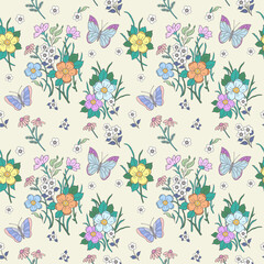 Fototapeta na wymiar Seamless pattern with flowers and butterflies on a yellow background. Can be used on packaging paper, fabric, background for various images, etc.