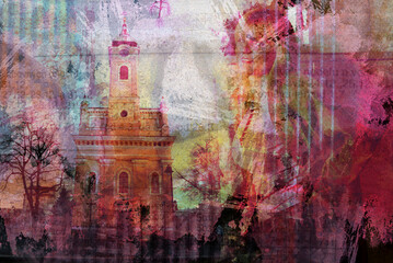 Abstract blue orange grunge art collage background. Church and woman