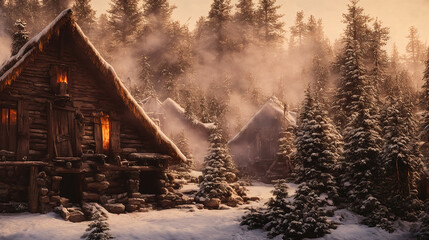 a wooden cabin in the woods with snow on the ground and trees in the background with fog and orange light coming from the window, generative AI